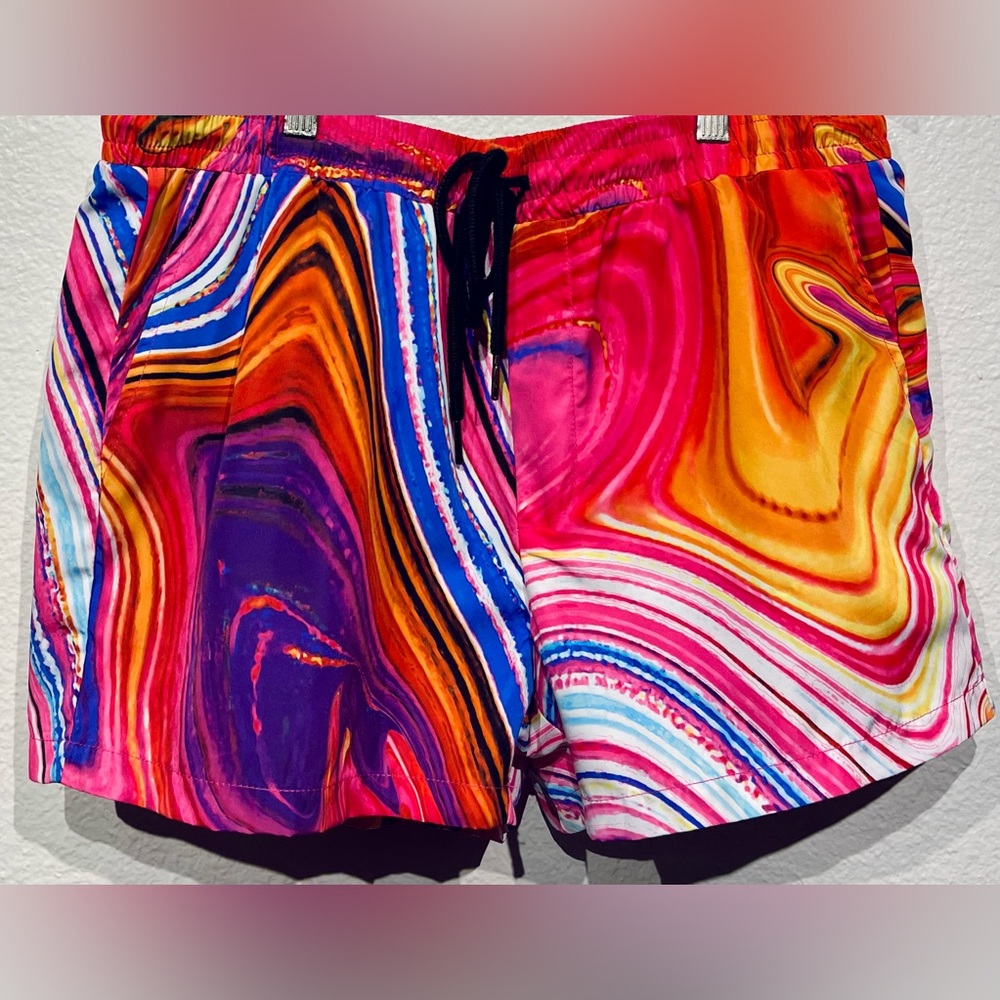 Vintage Multicoloured Psychedelic Drawstring Swim Shorts - Size L (Men’s)